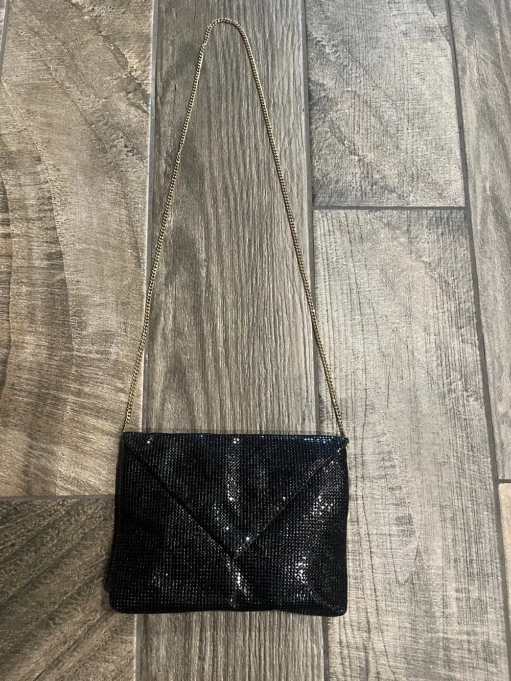 Vintage Whiting & Davis Black Sequin Envelope Shoulder Bag with Gold Chain